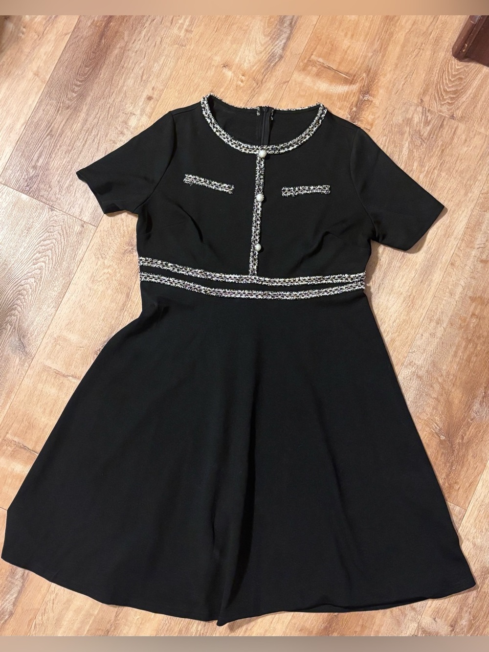 Plus size Black Fit-and-Flare Dress with tweed trim 1X **2 for 20** - Picture 3 of 11